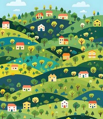 Fototapeta premium Colorful Illustration of a Village in a Green Valley