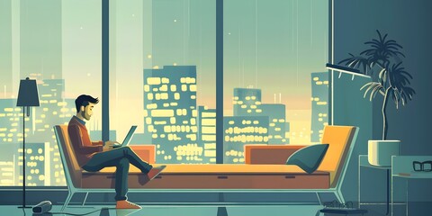 Man Working on Laptop in Modern Apartment with City View