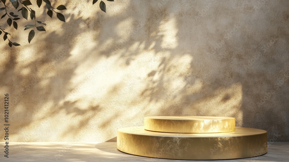 Aufkleber 3D rendering of a two tier round glossy gold podium illuminated by dappled sunlight with leaf shadows cast on a beige concrete abstract wall creating a luxurious backdrop for displaying beauty and