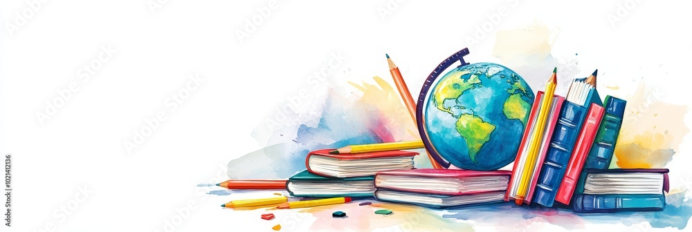 Poster A vibrant watercolor illustration depicting global education with a globe, books, and pencils symbolizing knowledge, learning, and exploration.