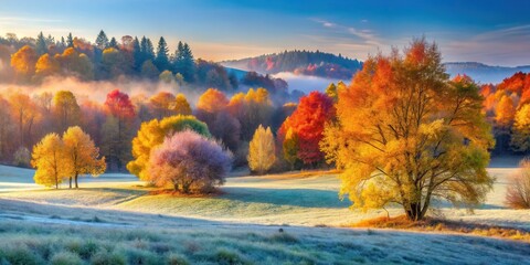 Naklejka premium A serene autumnal scene with a blanket of morning fog and frost-kissed grass