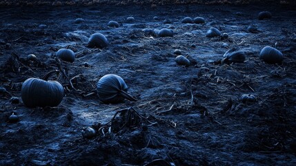 A field of pumpkins illuminated by the moonlight, casting long shadows across the field. The pumpkins are various sizes and shapes, and some are cracked or broken. 