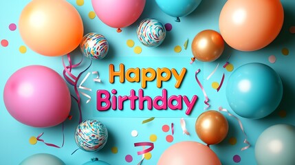 Colorful balloons and festive decorations with the phrase "Happy Birthday" celebrating a joyful occasion.