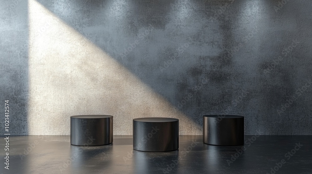 Poster 3D rendering of a minimalist black and silver cylinder podium in an empty space