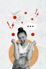 Vertical photo collage of angry girl scream cyberbully emoji problem hate abuse stereotype offended...