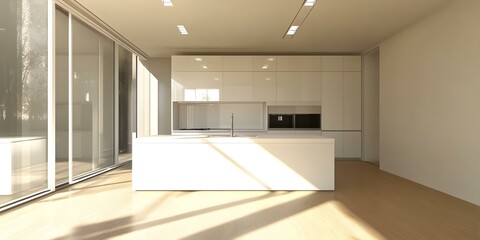Modern Minimalist Kitchen Interior Design with White Cabinets and Island