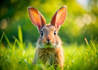 Fototapeta premium Fluffy Eared Rabbit in a Lush Green Field: Adorable Bunny with Soft Fur and Big Ears Captured in