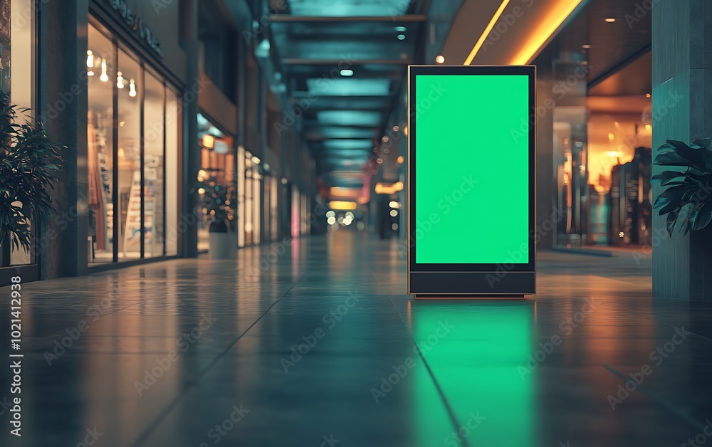 Poster a digital signage display stands empty in a modern shopping mall corridor, surrounded by stores and 