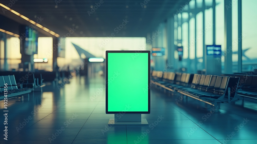 Aufkleber A digital display stands in an airport terminal, surrounded by empty seating, highlighting a serene atmosphere with soft lighting.