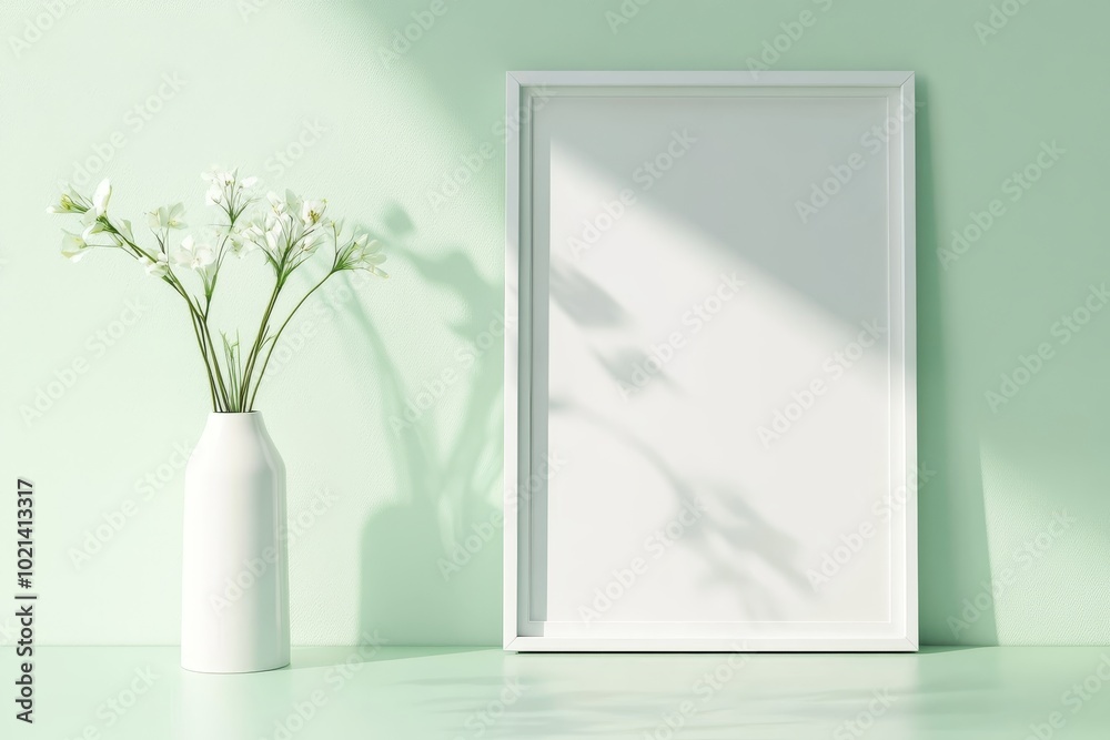 Sticker A white frame mockup with a green background and white flowers in a vase, perfect for displaying your artwork, photos, or designs. The simple and elegant design is ideal for creating a minimalist and 