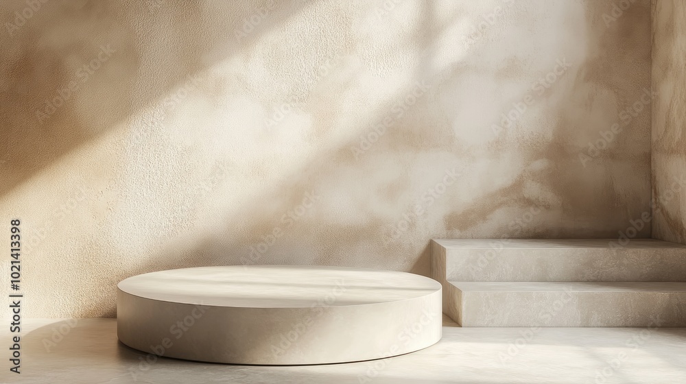 Poster 3D Render of a soft colored podium in a minimalist studio setting featuring a round pedestal and ample copy space for product presentation