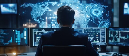 A person in a suit monitors multiple screens displaying global data and analytics.