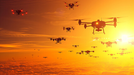 Fototapeta premium A fleet of drones is flying in formation over a picturesque landscape. rapid development of unmanned aviation and its potential for solving global challenges.