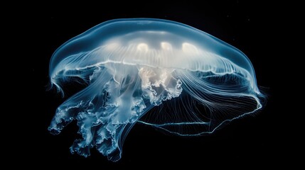 Close-up of a bioluminescent jellyfish glowing in dark ocean waters, highlighting its delicate, ethereal form.