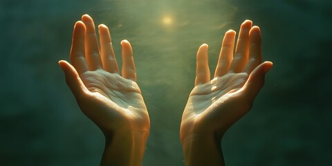 Two hands gently reaching upwards toward a radiant light, symbolizing hope, spirituality, or connection