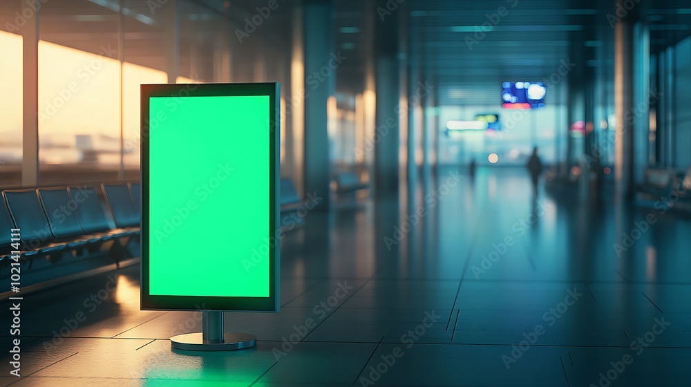 Poster an empty airport terminal with a blank green advertising display, illuminated by soft light, creates