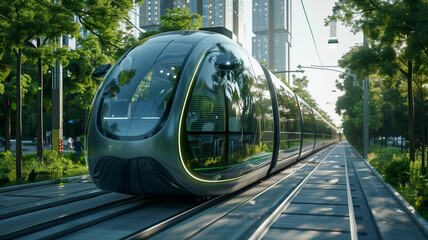 Naklejka premium A futuristic green train seamlessly blends with a lush urban jungle, showcasing a vision of sustainable transportation.