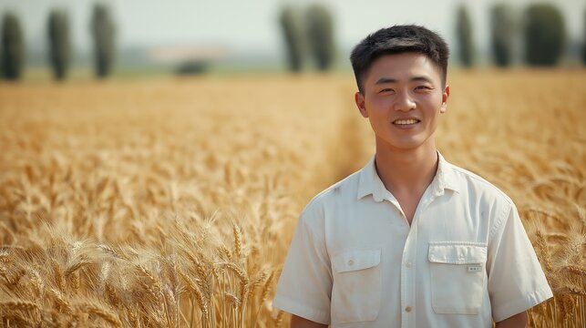 Man is standing in a field of wheat. He is smiling and looking at the camera. The field is very large and the wheat is tall