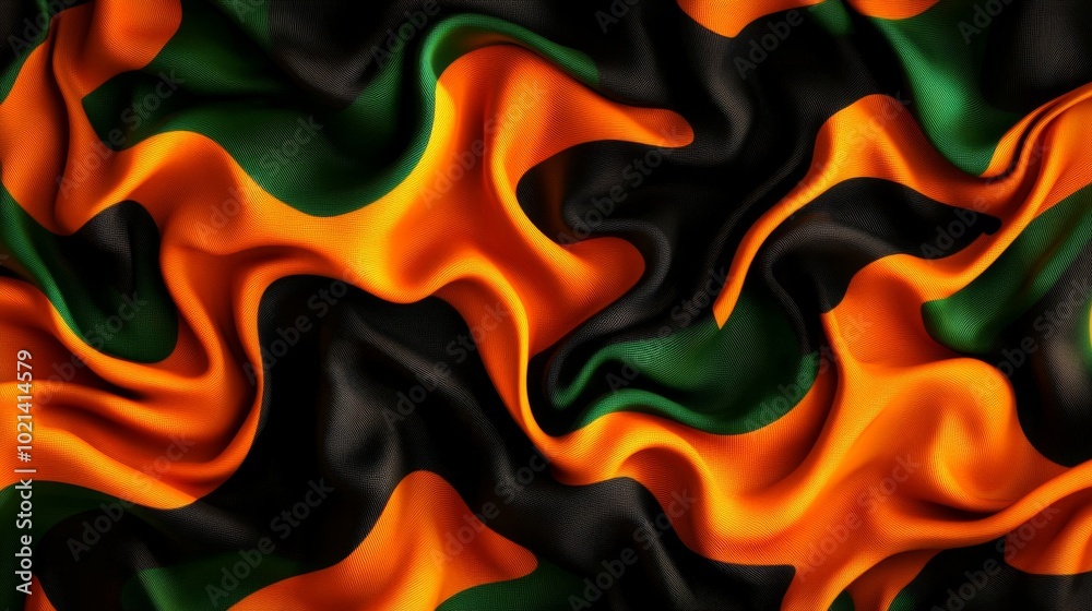 Canvas Prints Abstract Wavy Pattern in Orange, Green, and Black, evoking concepts of movement, energy, fluidity, transformation, and design.