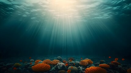 Obraz premium Enchanting underwater seascape featuring a shimmering coral reef teeming with schools of vibrant tropical fish Sunlight filters through the depths creating a serene and dreamlike atmosphere