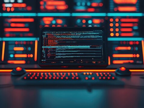 Render of a futuristic software engineer's desk with holographic code editors and AI assistants, futuristic coding, high-tech workspace