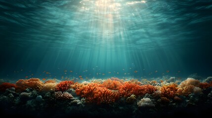 Fototapeta premium Breathtaking underwater panoramic view showcasing a vibrant and thriving coral reef ecosystem with schools of colorful tropical fish and shimmering sunlight filtering through the crystal clear blue