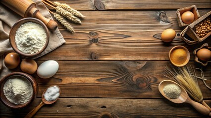 Rustic wooden surface adorned with baking essentials, including wheat, flour, eggs, and spices, creating a captivating composition.