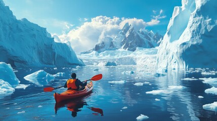 Kayaker Paddling Through Glacial Icebergs in a Fjord