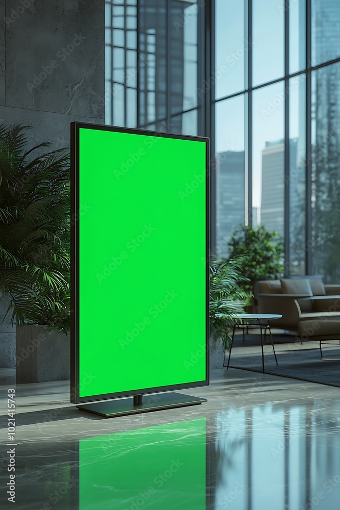 Poster a modern indoor setting featuring a large green screen on a stand, surrounded by plants and large wi