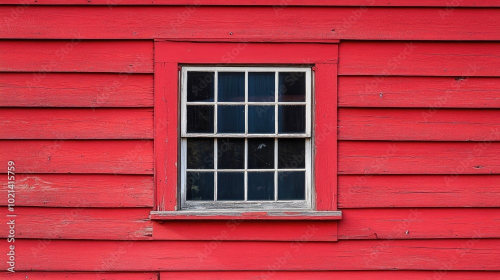 Poster closeup of window on a striking red clapboard building