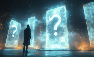 Business man in a question futuristic portals