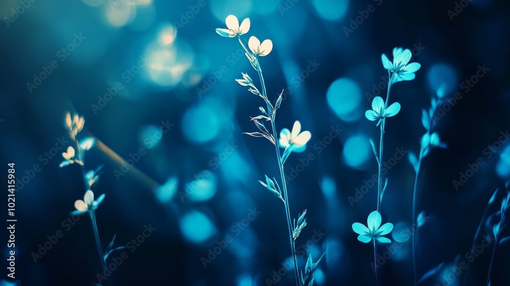 Sticker Delicate white flowers sway gently in the blue light, creating a sense of peace and tranquility.  The soft focus and muted colors evoke a sense of serenity and delicate beauty.