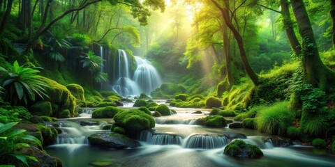 Sunlight Filtering Through a Lush Forest Canopy Illuminates a Cascading Waterfall and a Tranquil Stream Flowing Over Moss-Covered Rocks