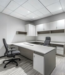 Modern Office Interior Design with White Desk and Grey Chair
