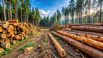 A path through a forest lined with stacks of felled logs, a testament to the balance between nature and human industry.