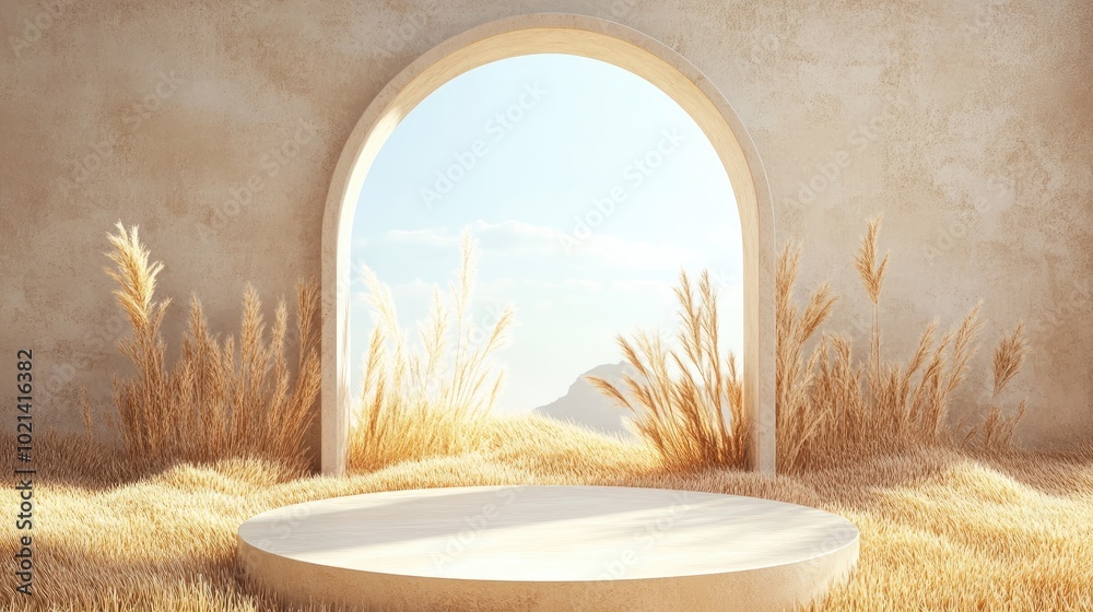 Aufkleber 3D podium background featuring a pedestal on dry grass Summer product display scene with a classical arch studio setting Minimalist showcase 3D render for advertisement and illustration