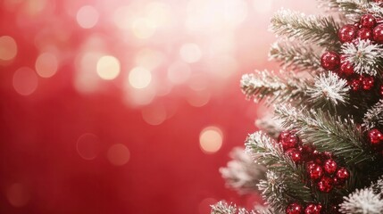 Obraz premium Christmas background with xmas tree and sparkle bokeh lights on red canvas background. Merry christmas card. Winter holiday theme. Happy New Year. Space for text