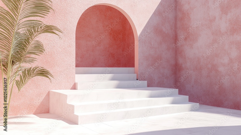 Poster 3d rendering of a white and pink podium in a square featuring geometric stair shapes and an arch des