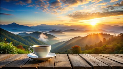 A cup of coffee rests on a wooden table overlooking a misty sunrise over rolling hills.