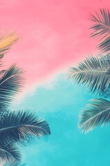 Tropical Palm Leaves on Pink and Blue Background