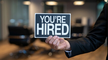 A person in a suit holding a You're Hired sign in an office setting.