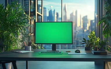 A modern workspace featuring a green screen monitor, keyboard, and plant decorations with city views in the background.