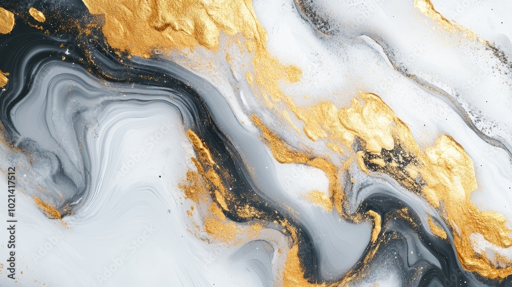 Poster abstract marble background design with luxury wave fractal textures in golden black and white fluid 