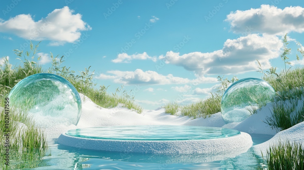Poster 3D rendering of a landscape featuring a circular podium in water with white sand The podium is set against a backdrop of abstract glass shapes and objects amidst green grass creating a futuristic