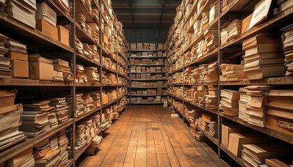 Obraz premium An aisle of shelves filled with stacked documents and files in a vintage storage room.
