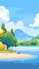 Naklejka premium Cartoon Illustration of a Summer Landscape with a House