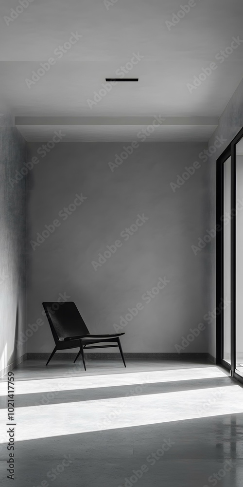 Poster Minimalist Interior Design with Black Lounger Chair and Sunlight