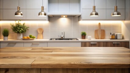 Empty wooden countertop in front of a kitchen with a blurred background of cabinets, sink, and kitchen appliances