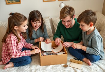 Siblings creating a family time capsule with photos letters and