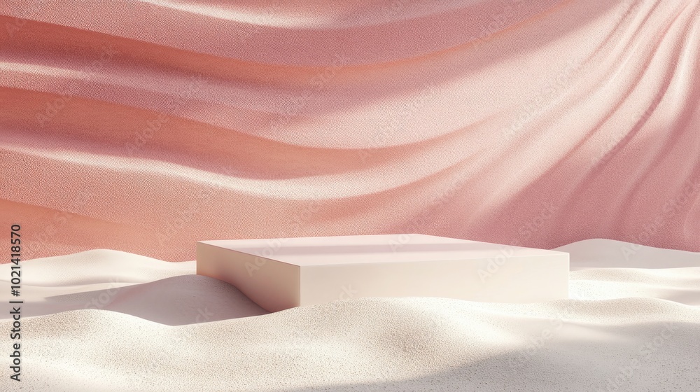 Aufkleber 3D rendering of a modern minimalistic background featuring an empty white square podium situated on white sand against a pink backdrop